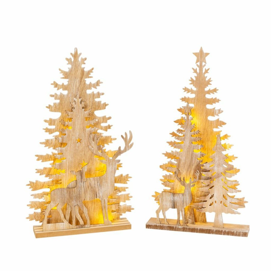 Home Goods & Toys * | Gerson International 17.25 In. Battery Operated Lighted Laser Cut Trees And Reindeer Tabletop Decor, Set Of 2, 2543290Ec