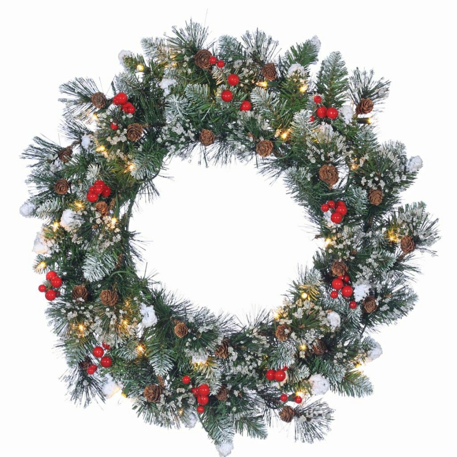 Home Goods & Toys * | Gerson International Hard/Mixed Needle Glazier Pine Wreath, Iced Tips, Pine Cones, Red Berries, 24 In., 35 Lights