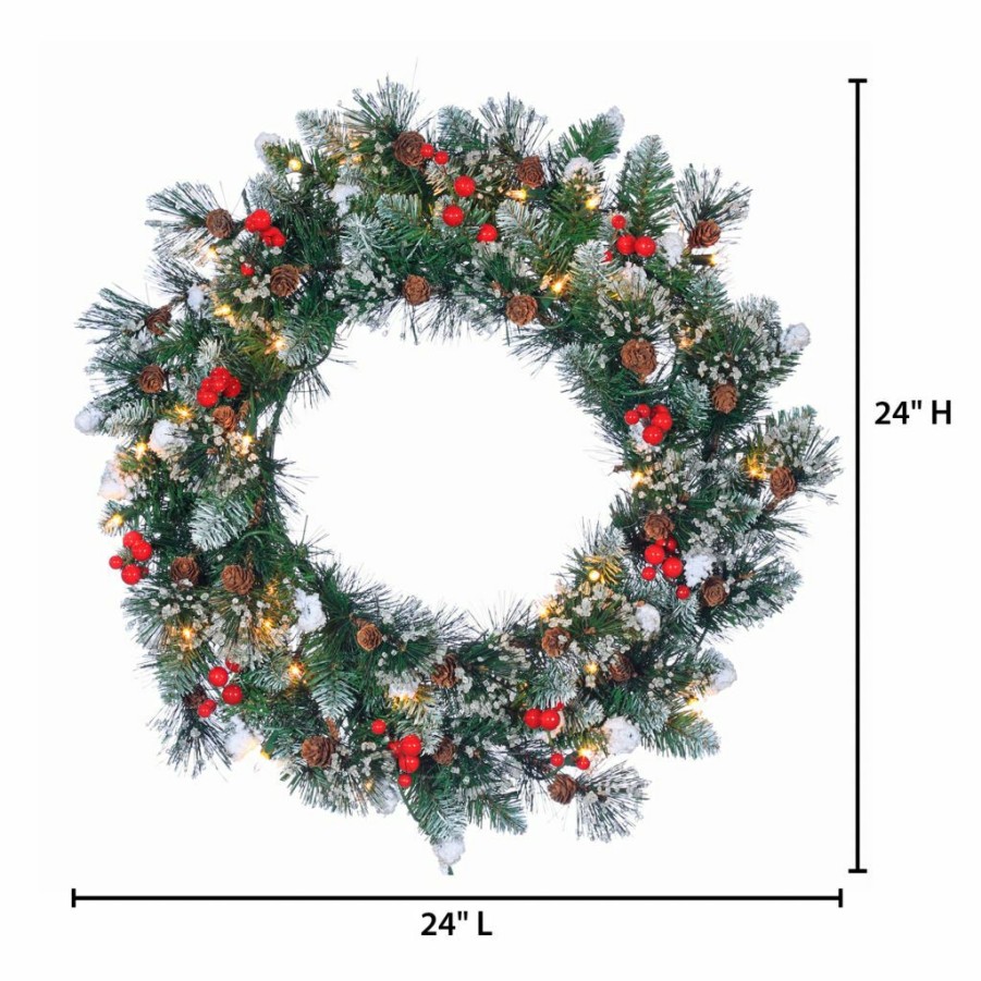 Home Goods & Toys * | Gerson International Hard/Mixed Needle Glazier Pine Wreath, Iced Tips, Pine Cones, Red Berries, 24 In., 35 Lights