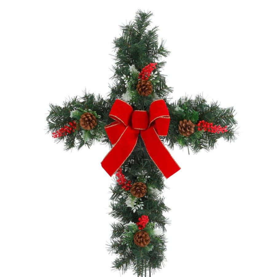 Home Goods & Toys * | Gerson International 24 In. Greenery Cross With Red Berry Sprays And Red Bow Yard Stake, 2363760Ec