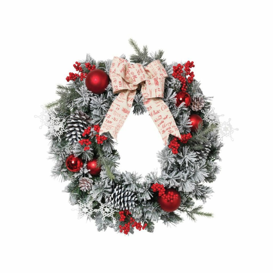 Home Goods & Toys * | Gerson International 24 In. Accented Flocked Pine Holiday Wreath With Short And Long Needles, Berries And Ornament, 2376430Ec