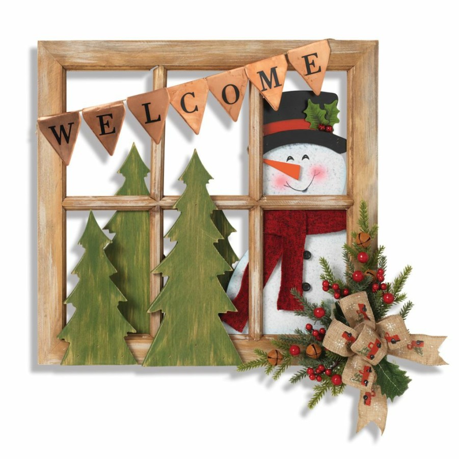 Home Goods & Toys * | Gerson International 18 In. Wood And Metal Window With Snowman & Floral Accent, 2600900Ec