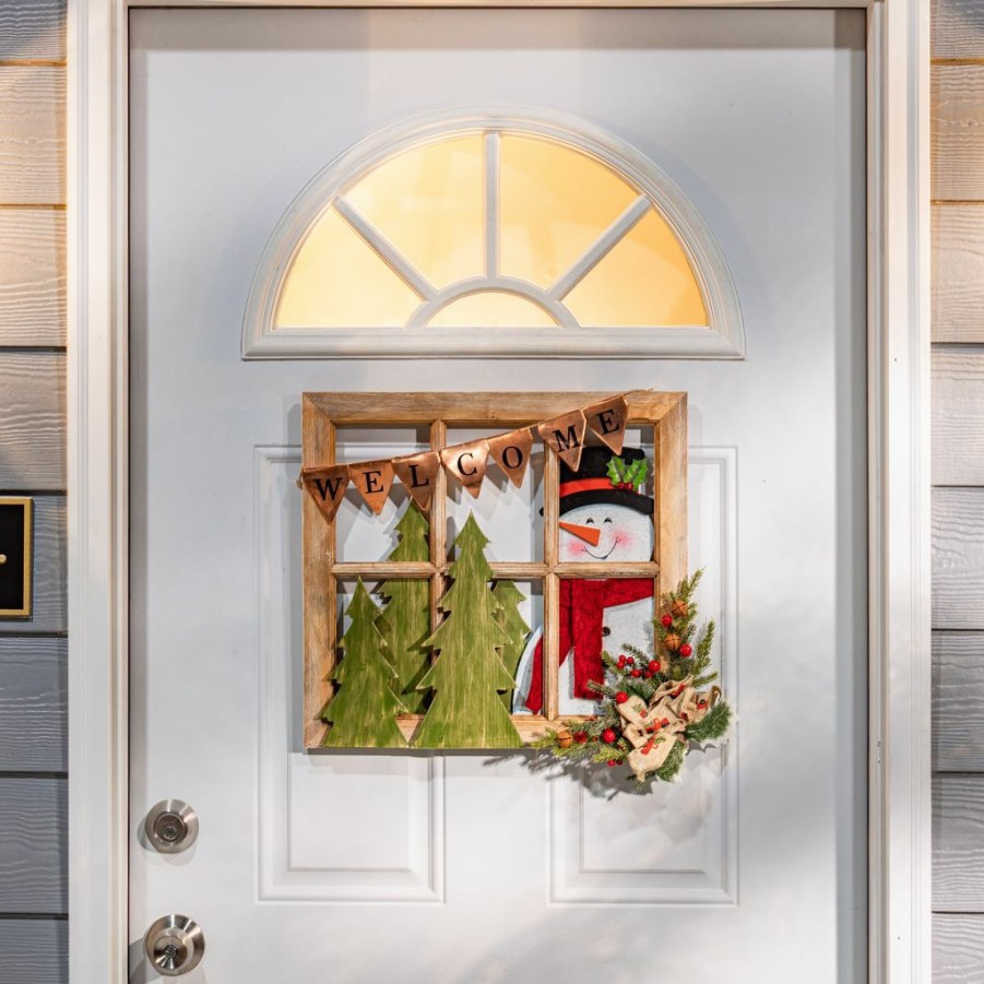 Home Goods & Toys * | Gerson International 18 In. Wood And Metal Window With Snowman & Floral Accent, 2600900Ec