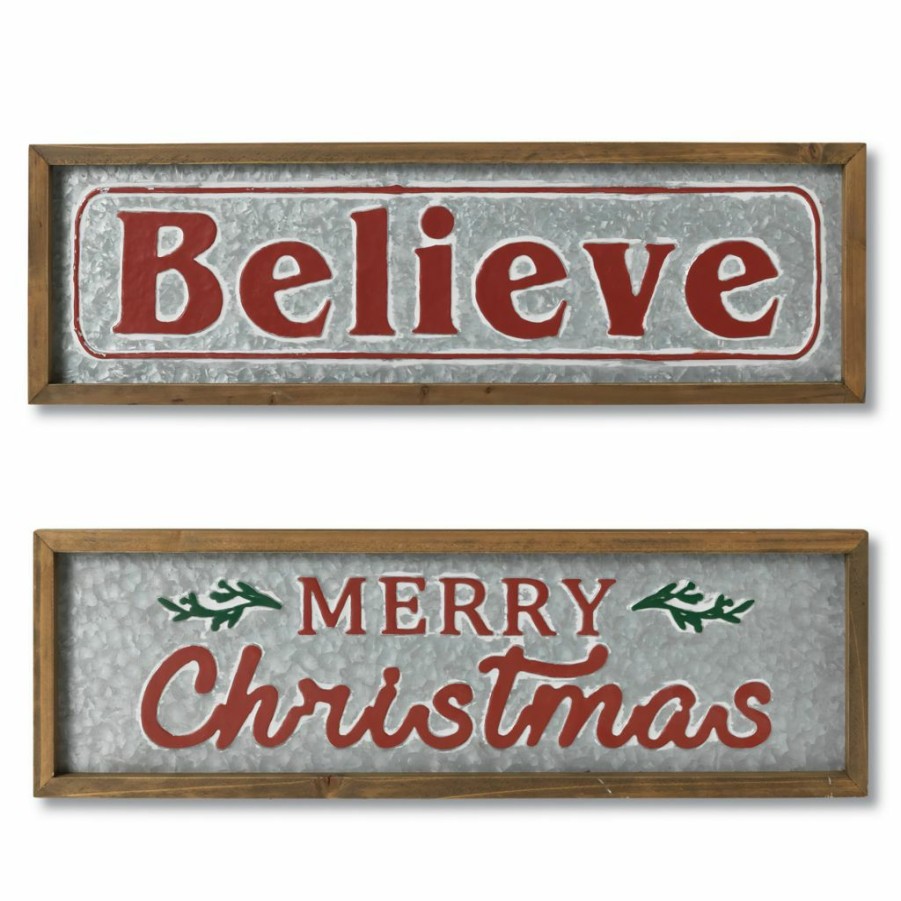 Home Goods & Toys * | Gerson International Set Of 2 6 In. L Wood & Metal Holiday Wall Sign