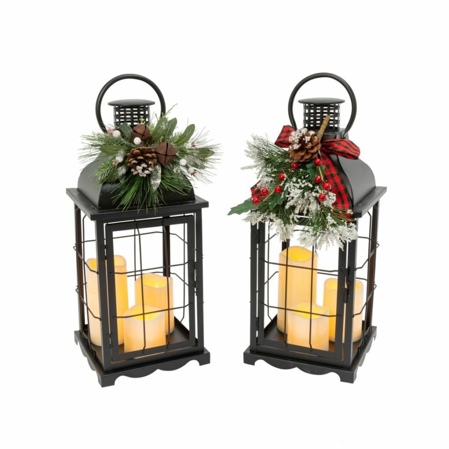 Home Goods & Toys * | Gerson International 18.1 In. Battery Operated Lighted Metal Holiday Lantern. 3 Led Candles, Floral Accent, Set Of 2, 2601390Ec