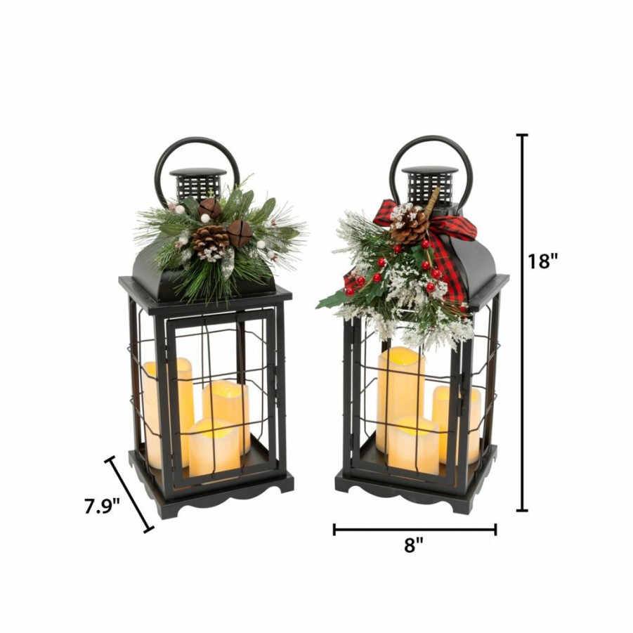 Home Goods & Toys * | Gerson International 18.1 In. Battery Operated Lighted Metal Holiday Lantern. 3 Led Candles, Floral Accent, Set Of 2, 2601390Ec