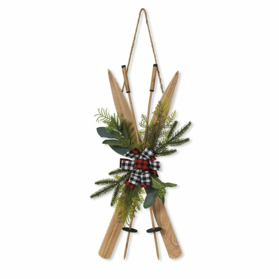 Home Goods & Toys * | Gerson International 26 In. H Wood Ski Wall Hanging With Floral & Fabric Bow Accent