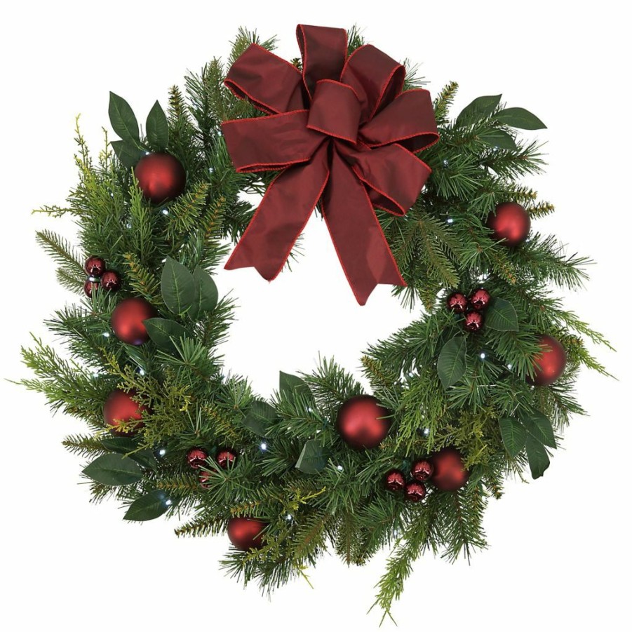 Home Goods & Toys * | Gerson International 32 In. Pre-Lit Mixed Pine Wreath With Leaves, Ball & Cedar Accents And Ribbon With 50 Led Lights