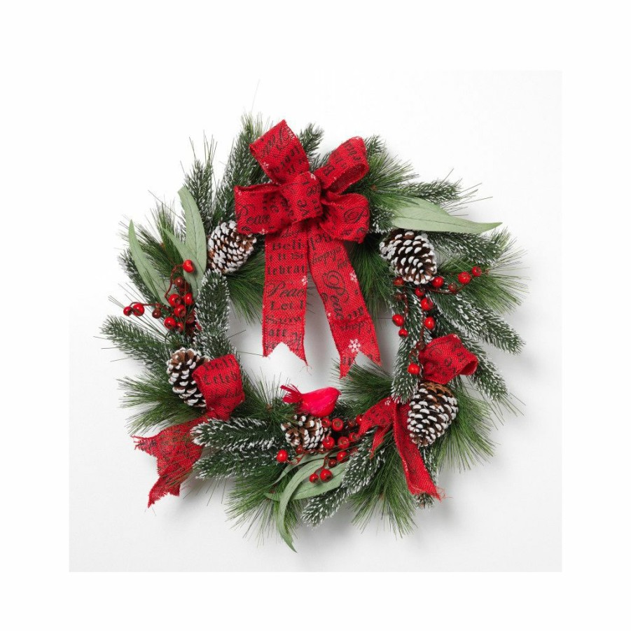 Home Goods & Toys * | Gerson International 24 In. Holiday Mixed Flocked Pine Wreath With Berry Clusters And Burlap Ribbon Accent, 2358470Ec