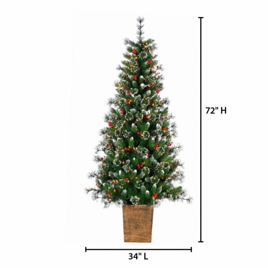 Home Goods & Toys * | Gerson International 6 Ft. High Potted Hard/Mixed Needle Glazier Pine, Iced Tips, Pine Cones, Red Berries, 200 Lights