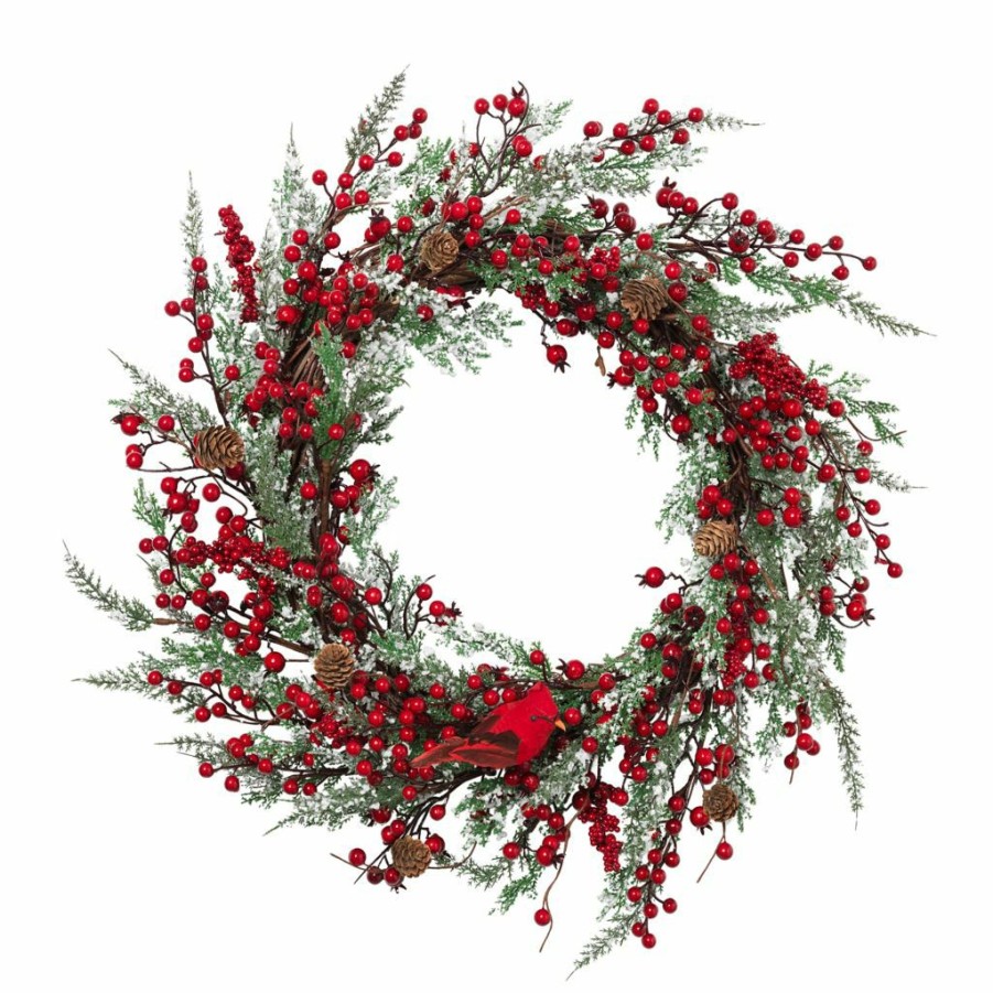 Home Goods & Toys * | Gerson International 24 In. Winter Greenery Spray Wreath With Red Berry Accents, Pine Cones And A Cardinal