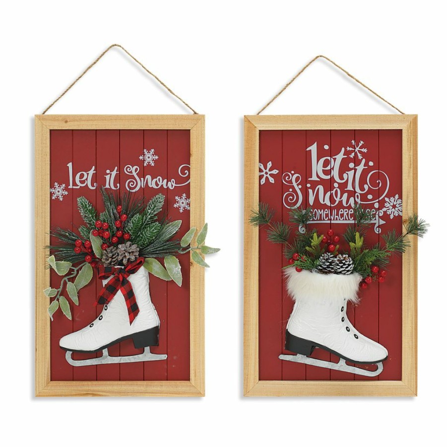 Home Goods & Toys * | Gerson International Set Of 2 23 In. H Wood Holiday Wall Sign With Skate & Floral Accents