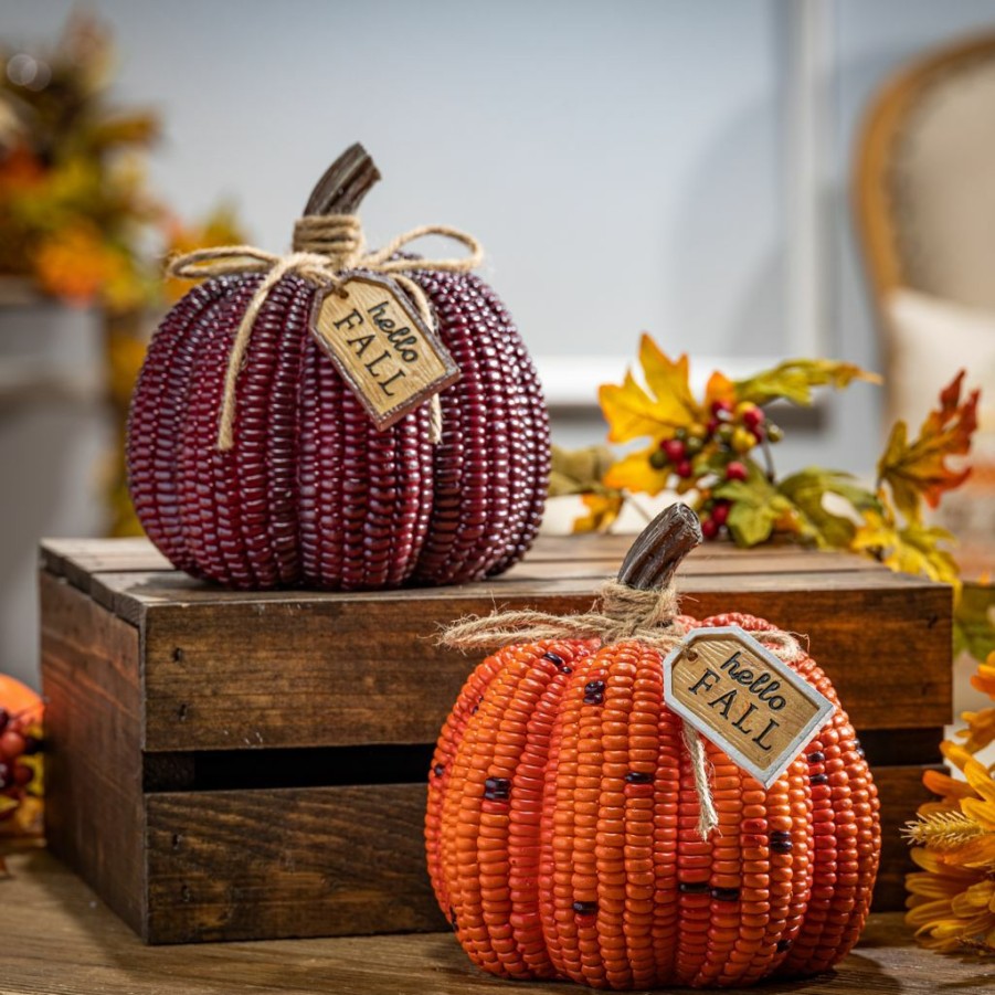 Home Goods & Toys * | Gerson International 6.4 In. Resin Corn Textured Pumpkins, Set Of 2, 2602490Ec