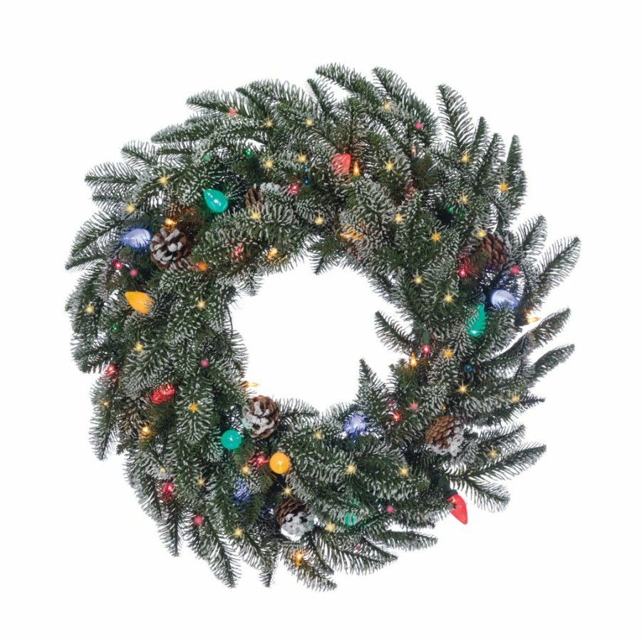 Home Goods & Toys * | Gerson International 24 In. Lightly Flocked Smoky Mountain Wreath With Pine Cones, 42 Multi-Color Lights