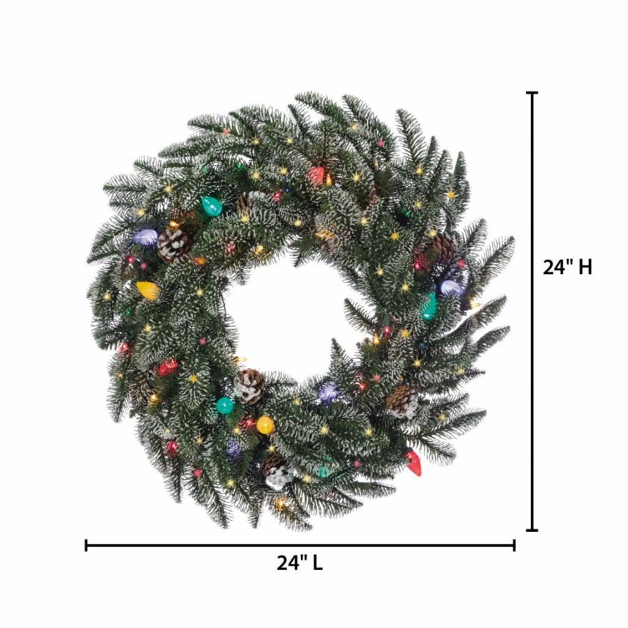 Home Goods & Toys * | Gerson International 24 In. Lightly Flocked Smoky Mountain Wreath With Pine Cones, 42 Multi-Color Lights