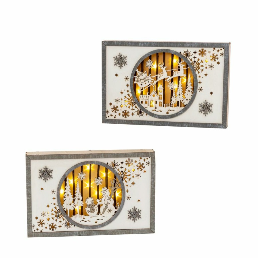 Home Goods & Toys * | Gerson International Set Of 2 11 In. B/O Lighted Laser Cut Wood Holiday Scene Wall Decor