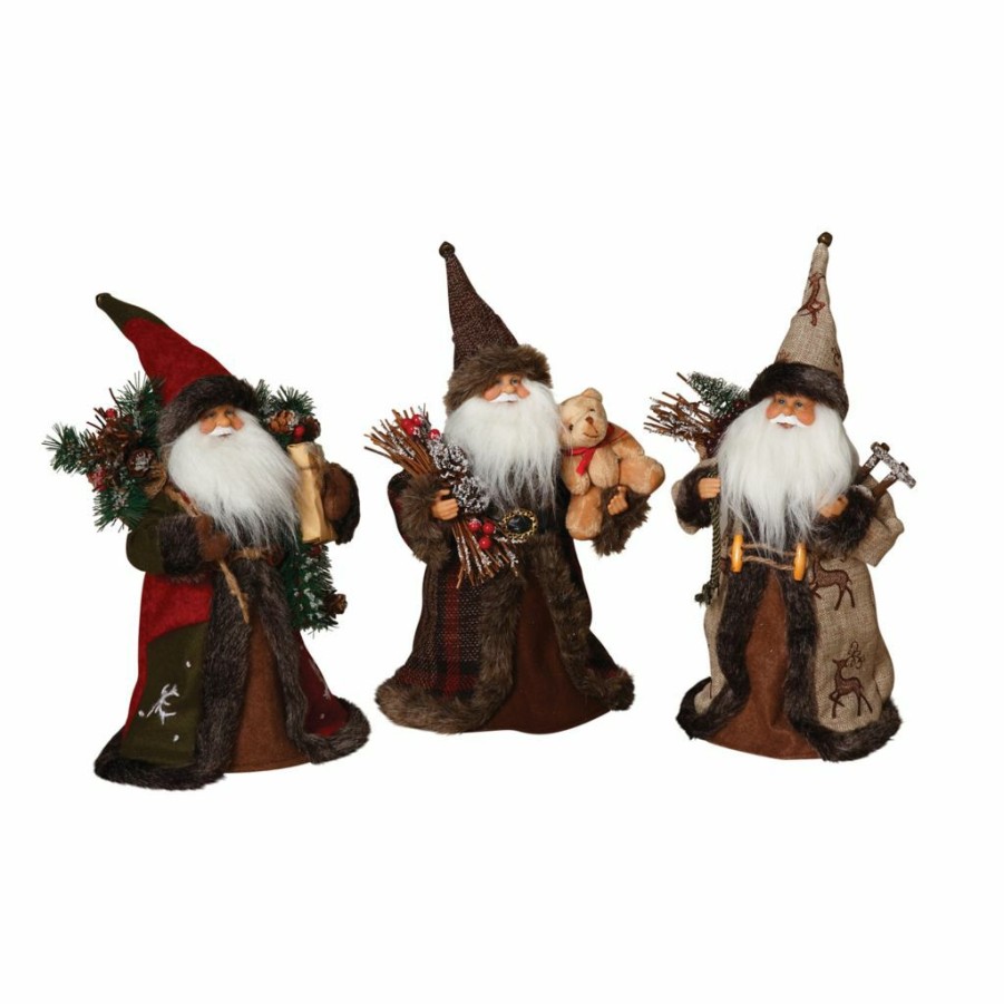 Home Goods & Toys * | Gerson International 12 In. Tall Woodland Cone Santas With Bear And Present, 7023320Ec