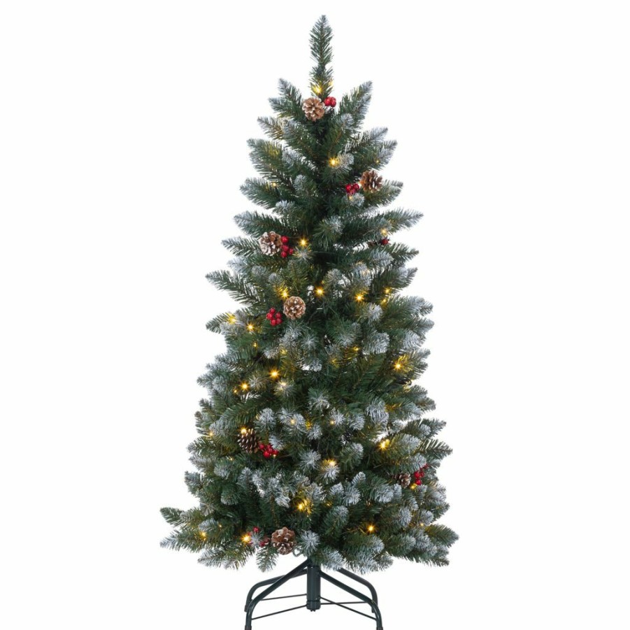 Home Goods & Toys * | Gerson International Pop-Up 4 Ft. Led Flocked Green Pine Tree, 100 Warm White Led Lights, Pine Cones & Red Berries