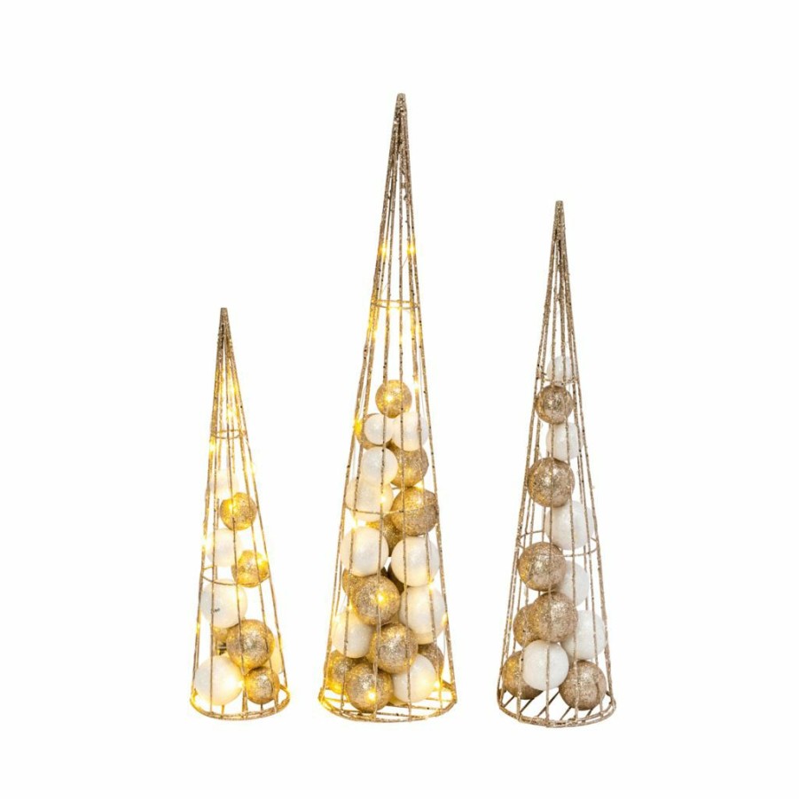 Home Goods & Toys * | Gerson International Battery Operated Lighted Gold/White Ornament Filled Cone Trees, 24 In., 20 In., 16 In., Set Of 3, 2550110Ec