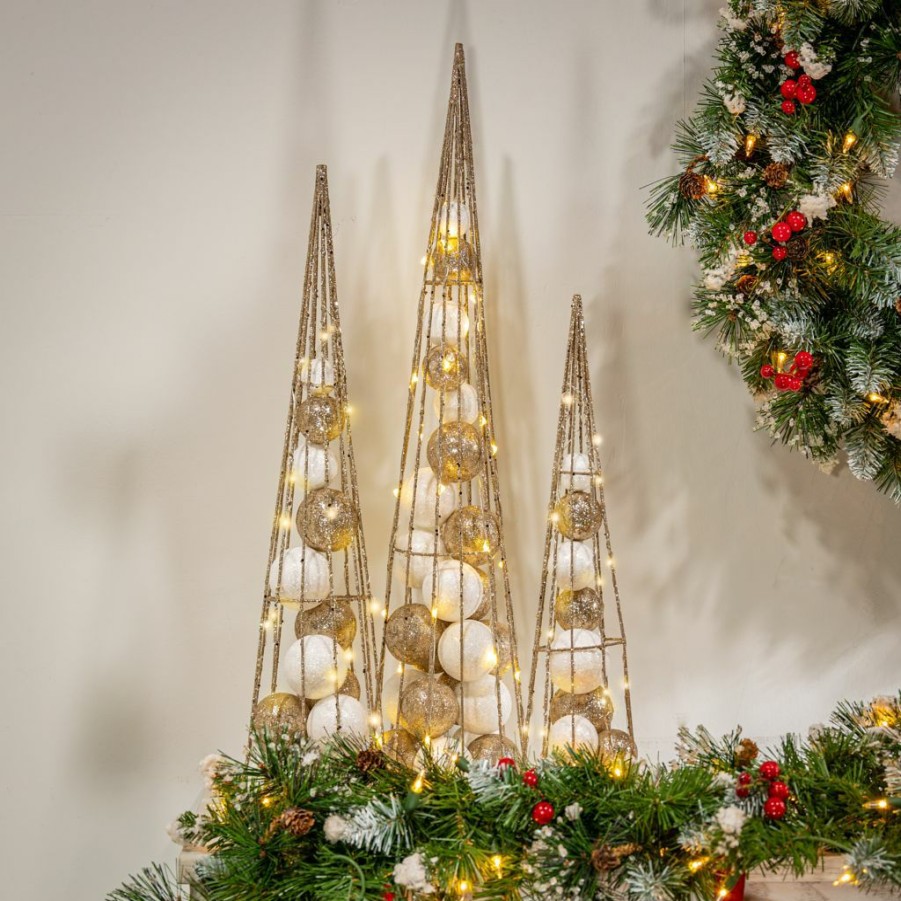 Home Goods & Toys * | Gerson International Battery Operated Lighted Gold/White Ornament Filled Cone Trees, 24 In., 20 In., 16 In., Set Of 3, 2550110Ec