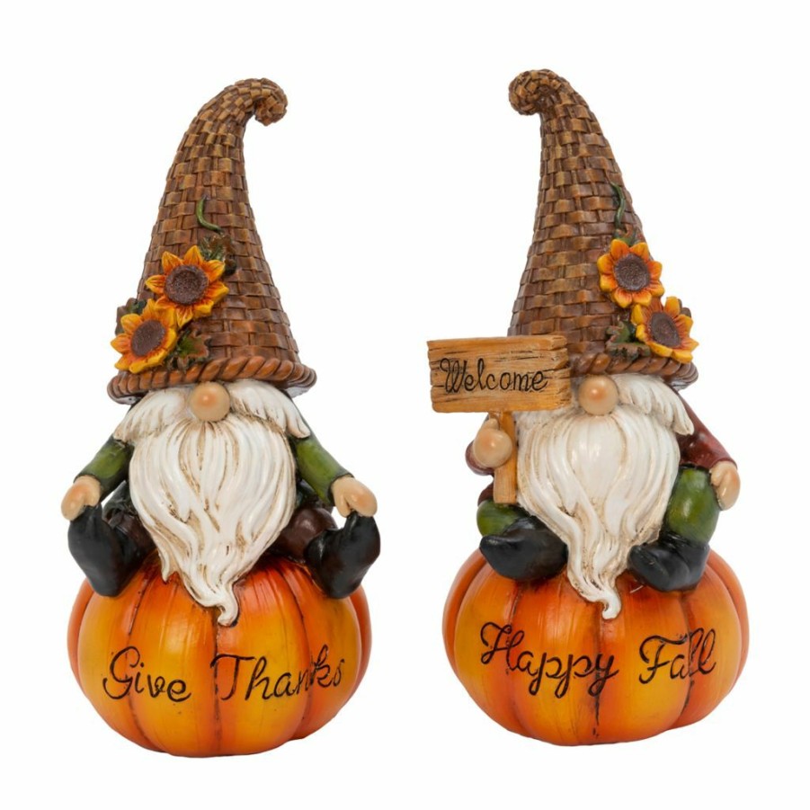 Home Goods & Toys * | Gerson International 8.8 In. Resin Harvest Gnomes Sitting On Pumpkins, Set Of 2, 2593750Ec