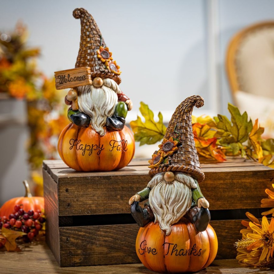 Home Goods & Toys * | Gerson International 8.8 In. Resin Harvest Gnomes Sitting On Pumpkins, Set Of 2, 2593750Ec