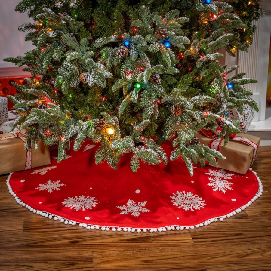 Home Goods & Toys * | Gerson International 48 In. Diameter Velvet Felt Holiday Pom Pom Snowflake Tree Skirt, 2506470Ec