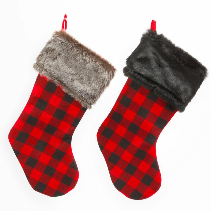 Home Goods & Toys * | Gerson International Faux Fur Trimmed Buffalo Plaid Christmas Stockings, Set Of 4, 2429720Ec