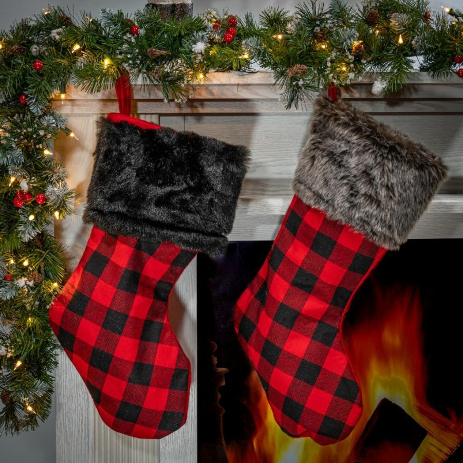 Home Goods & Toys * | Gerson International Faux Fur Trimmed Buffalo Plaid Christmas Stockings, Set Of 4, 2429720Ec