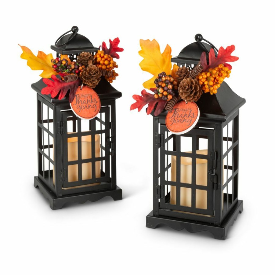 Home Goods & Toys * | Gerson International Black Metal Lanterns With Battery Operated Led Candles And Floral Accents, Set Of 2, 2558240Ec