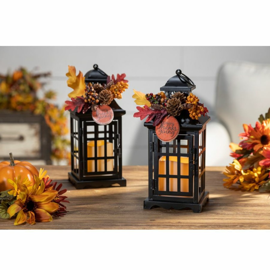 Home Goods & Toys * | Gerson International Black Metal Lanterns With Battery Operated Led Candles And Floral Accents, Set Of 2, 2558240Ec