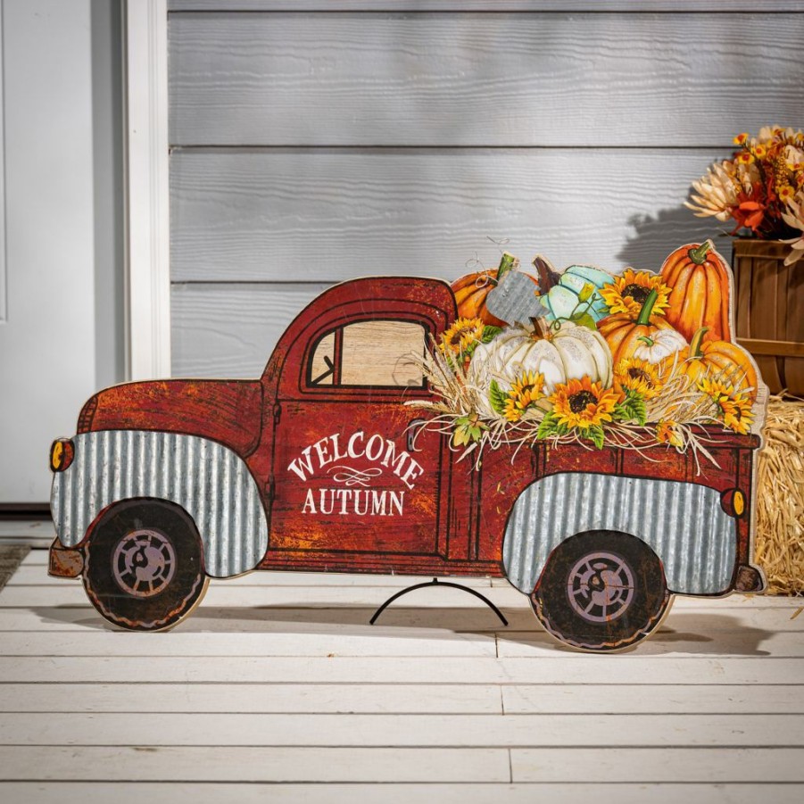 Home Goods & Toys * | Gerson International 31.5 In. Painted Wood Truck With Fall Filled Bed, 2490730Ec