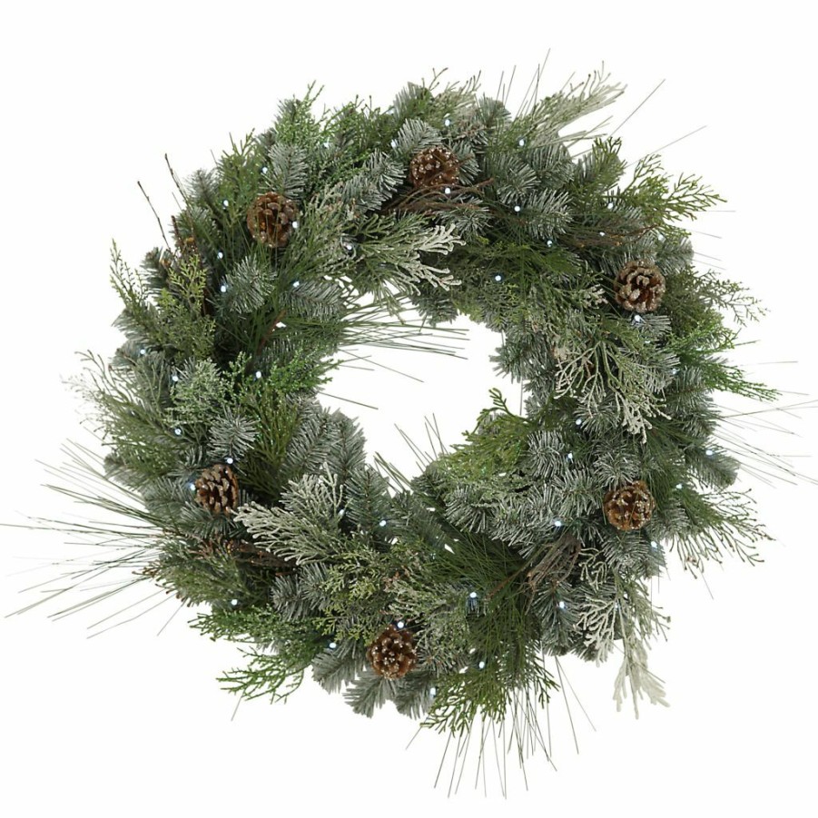 Home Goods & Toys * | Gerson International 32 In. D Pre-Lit Snowy Mixed Pine Wreath, Pine Cones, Twig, Cedar Accents, 50 White Led Lights