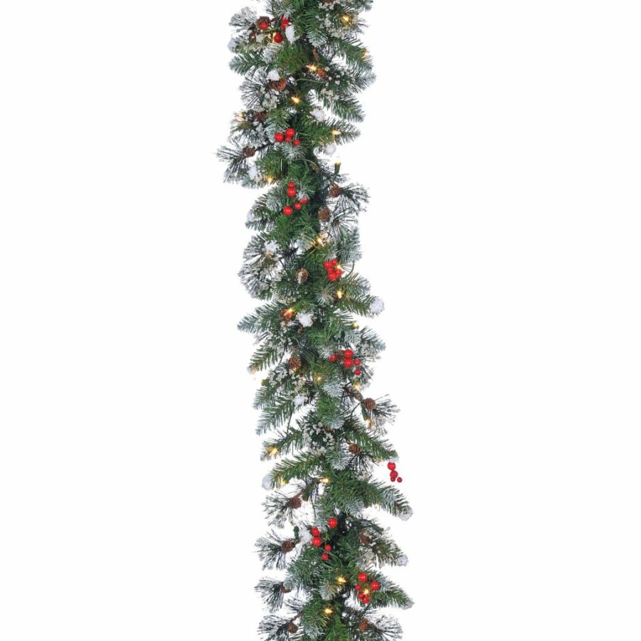 Home Goods & Toys * | Gerson International 9 Ft. Pre Lit Glazier Pine Garland With Iced Tips, Pine Cones, Red Berries, 100 Clear Led Lights