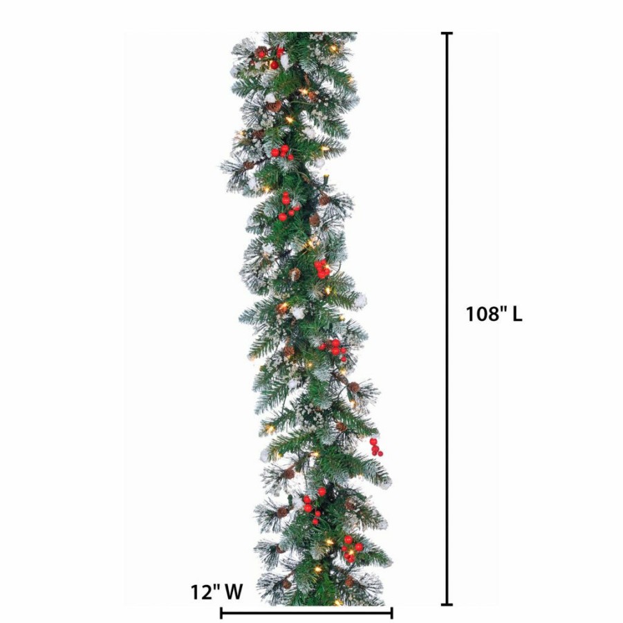 Home Goods & Toys * | Gerson International 9 Ft. Pre Lit Glazier Pine Garland With Iced Tips, Pine Cones, Red Berries, 100 Clear Led Lights