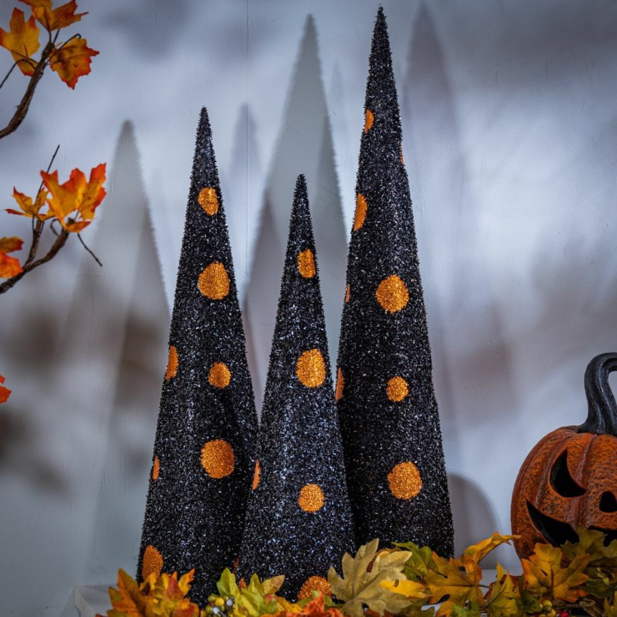 Home Goods & Toys * | Gerson International Assorted Black And Orange Glitter Halloween Cone Trees, Set Of 3, 2548960Ec