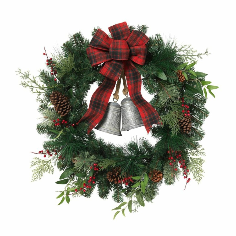 Home Goods & Toys * | Gerson International 32 In. D Mixed Pine Wreath With Red Berries, Bells, Cone, Cedar, Leaves & Bow