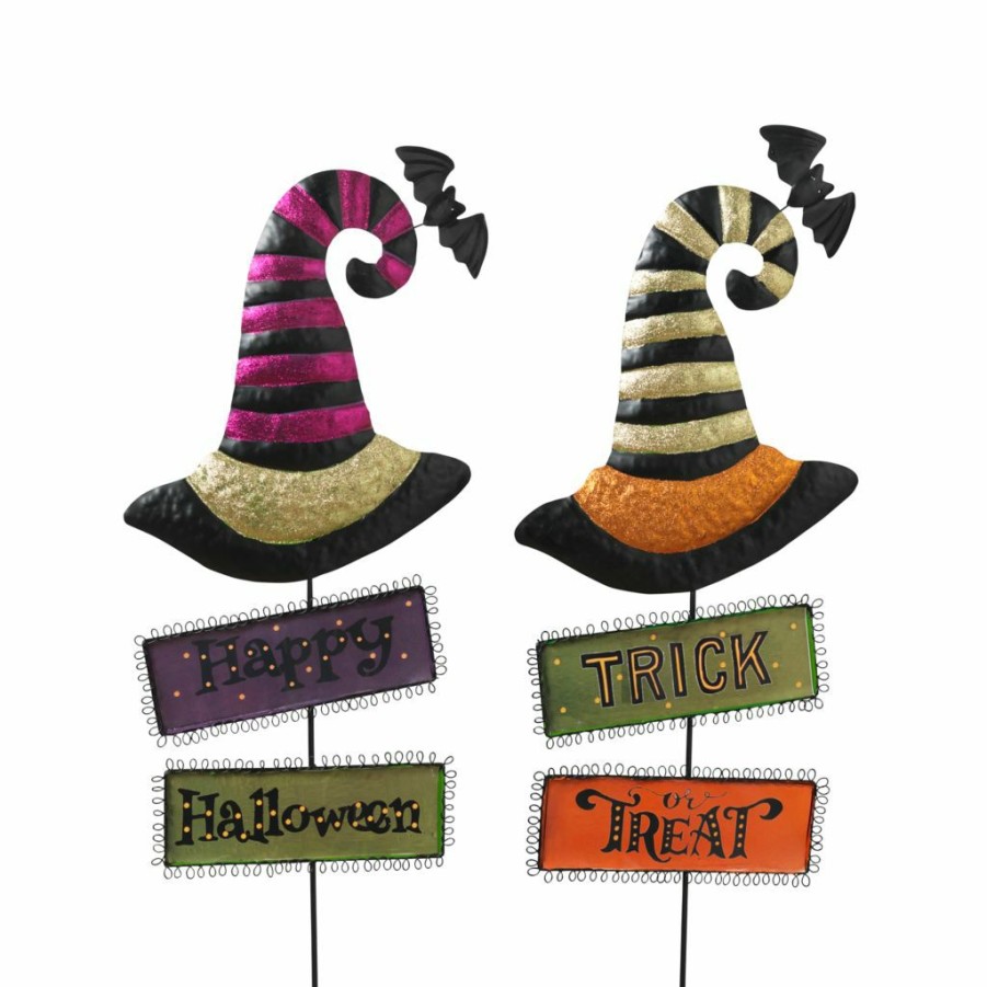 Outdoor Living * | Gerson International 37 In. Metal Witch'S Hats With Halloween Signs Yard Stake, Set Of 2, 2530520Ec