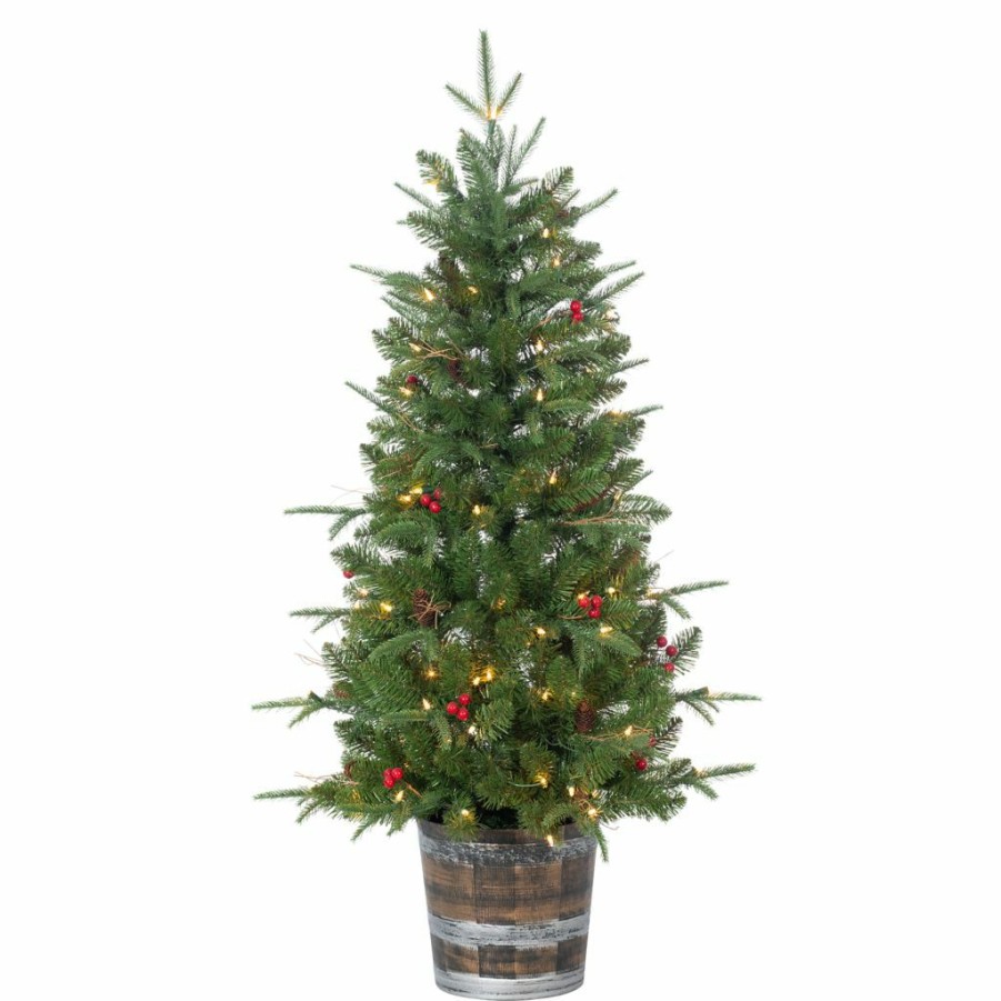 Home Goods & Toys * | Gerson International 4 Ft. Potted Natural Cut Hudson Pine Tree With Pine Cones And Red Berries, 100 Warm White Lights