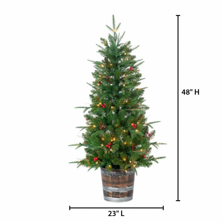 Home Goods & Toys * | Gerson International 4 Ft. Potted Natural Cut Hudson Pine Tree With Pine Cones And Red Berries, 100 Warm White Lights