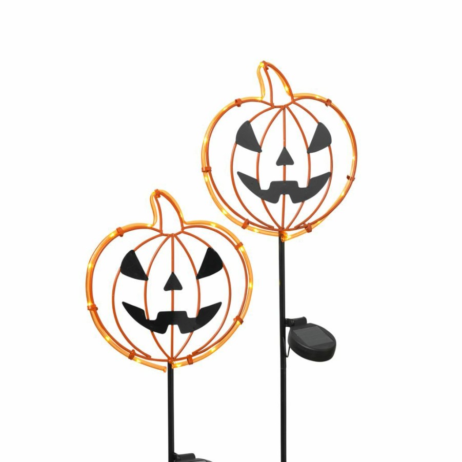 Home Goods & Toys * | Gerson International 31.8 In. Solar Lighted Metal Halloween Pumpkin Face Yard Stakes, Set Of 2, 2530470Ec