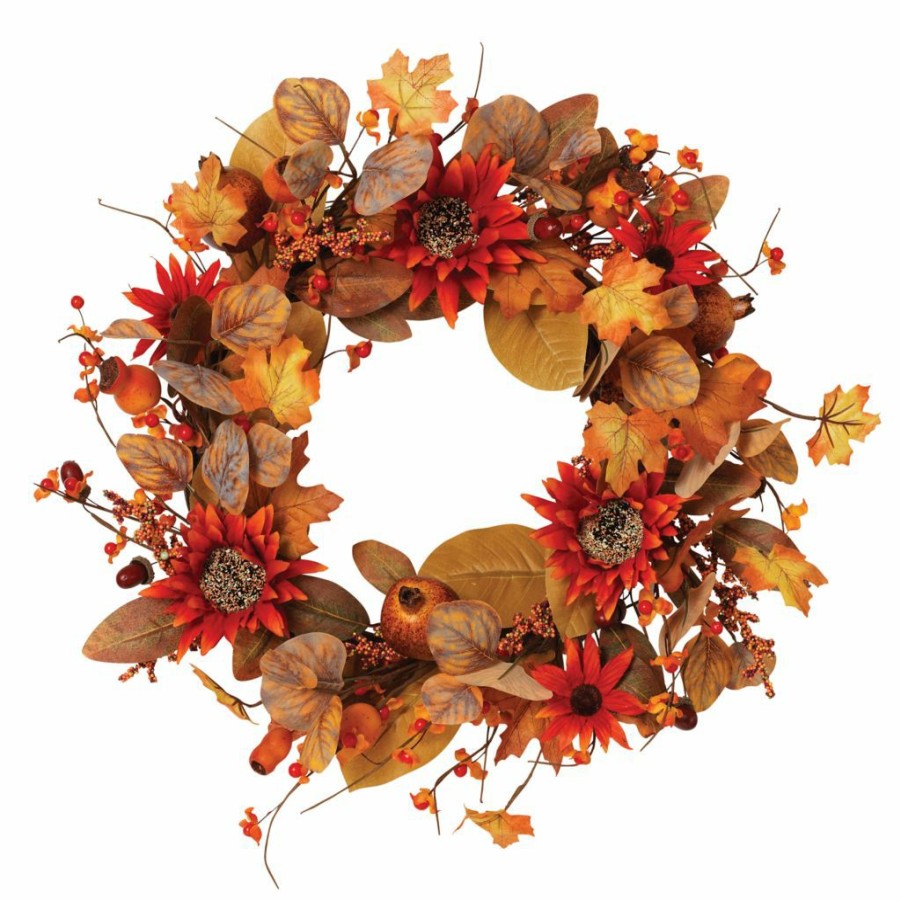 Home Goods & Toys * | Gerson International 22 In. D Harvest Wreath, Featuring Fall Leaves, Berries And Orange Sunflower Accents