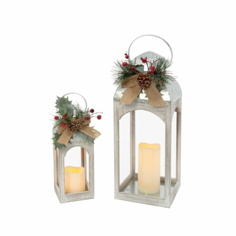 Home Goods & Toys * | Gerson International 18 In. Battery Operated Lighted Metal & Wood Lanterns, Set Of 2, 2601420Ec