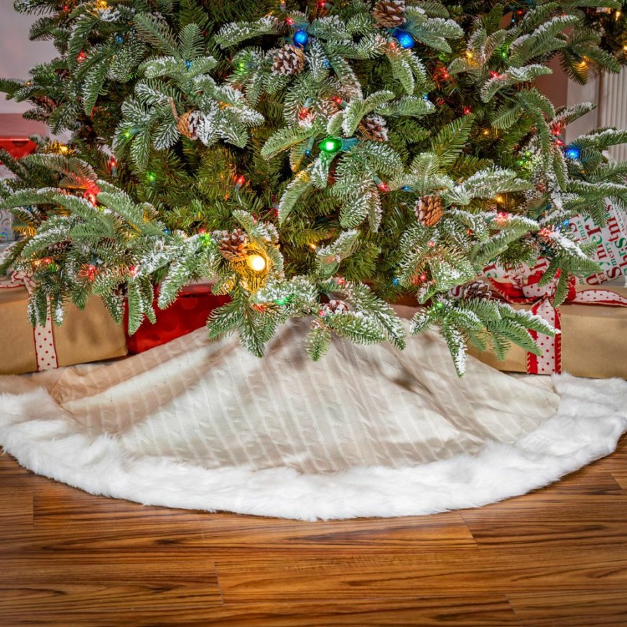 Home Goods & Toys * | Gerson International 48 In. White Cable Knit Fur Trim Tree Skirt, 2546150Ec