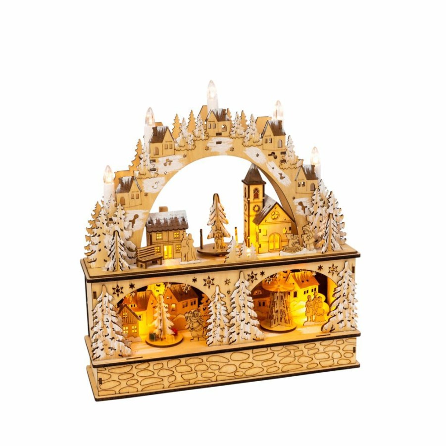 Home Goods & Toys * | Gerson International 14.75 In. Battery Operated Lighted Laser Cut Wood Village Scene With Moving Figurine And Candles, 2543220Ec