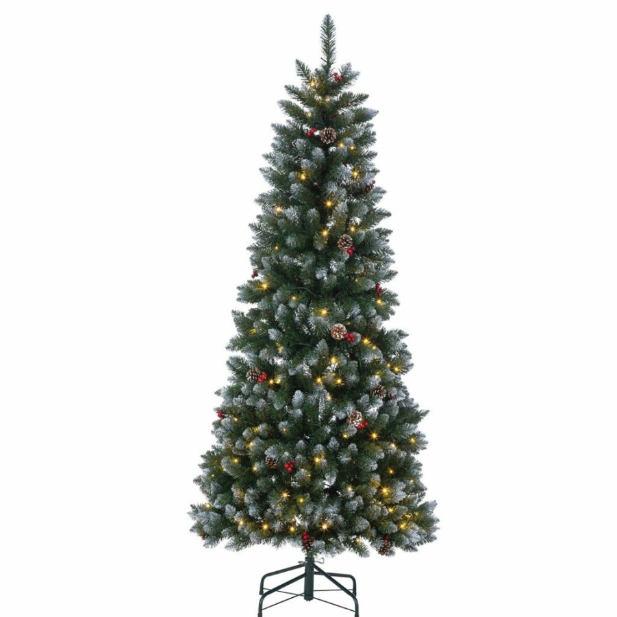 Home Goods & Toys * | Gerson International Pop-Up 4 Ft. Led Flocked Green Pine Tree, 150 Warm White Led Lights, Pine Cones & Red Berries